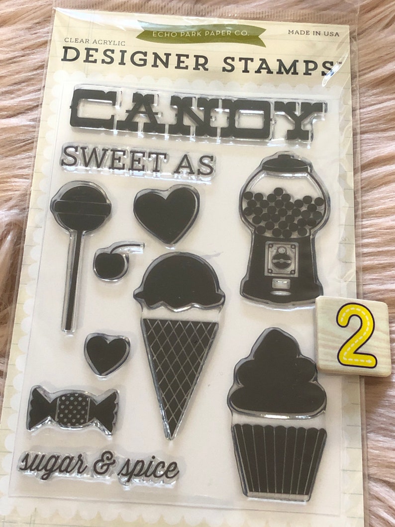 7 Options of Echo Park Designer Stamps sets Let Love Bloom/Candy/Eat Sleep Craft/Snowflakes/Pennant/Glasses/Words Background Stamps 2- Candy