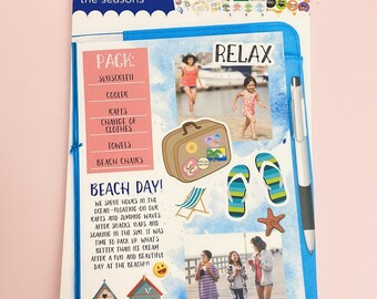 May include: A pack of summer-themed planner stickers with a blue background. The stickers feature images of beach scenes, summer activities, and the text "Summertime". The pack also includes a list of items for a beach day, such as sunscreen, cooler, rafts, change of clothes, towels, and beach chairs.