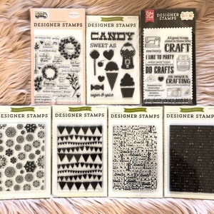 7 Options of Echo Park Designer Stamps sets - Let Love Bloom/Candy/Eat Sleep Craft/Snowflakes/Pennant/Glasses/Words - Background Stamps