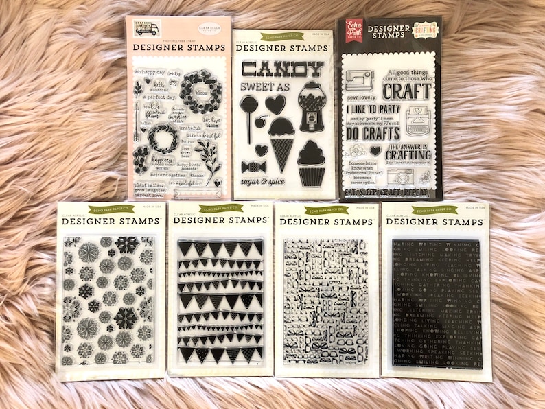 7 Options of Echo Park Designer Stamps sets Let Love Bloom/Candy/Eat Sleep Craft/Snowflakes/Pennant/Glasses/Words Background Stamps Your Choice of 2