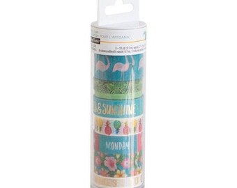 8 Rolls Blue Tropical Life Washi Tubes by Recollections-Michaels Tropical Life Washi Tube-Gold Foiled Word/Summery Plant Florals /Pineapples