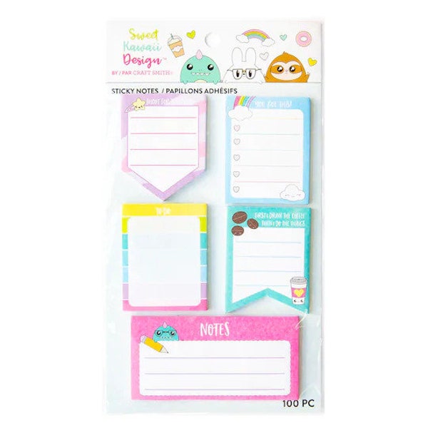 100pc Sticky Notes By Craft Smith Sweet Kawaii Design - Cute Planner Notepad/Cute Animal/Cute Monsters/Checklists/Task Lists