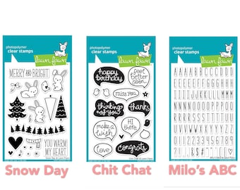 3 Optionen von 4''x6'' Lawn Fawn Klarsichtstempel und Dies Set - Schnee Tag/Chit Chat/Milo's ABC - Repack in Avery Elle Stamps Aufbewahrungsbox