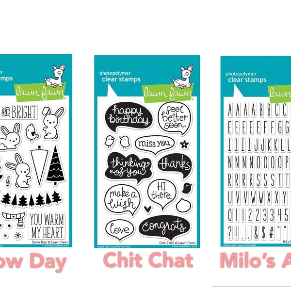 3 Optionen von 4''x6'' Lawn Fawn Klarsichtstempel und Dies Set - Schnee Tag/Chit Chat/Milo's ABC - Repack in Avery Elle Stamps Aufbewahrungsbox