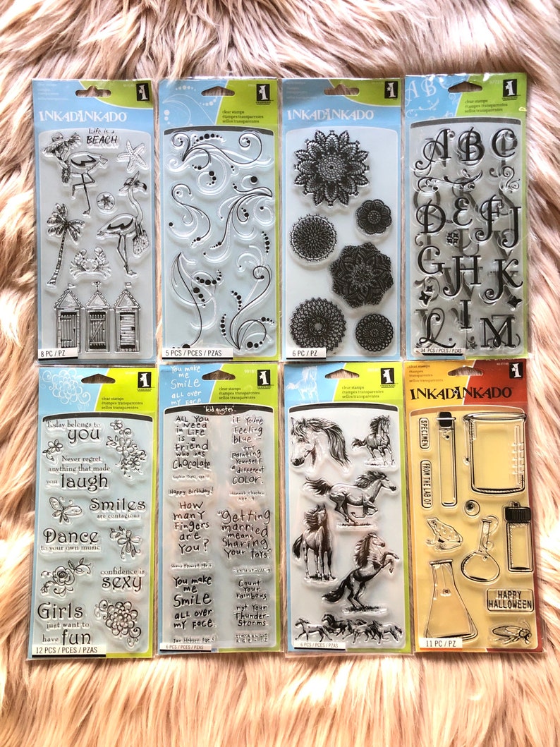 8 Options of Inkadinkado Stamps Sets-4''x9''Flamingo Fun/Dot Flourishes/Doilies/Coffee House Alpha/Thought/Advice/Horses/Test Tubes Your Choice of 2