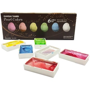 Puede incluir: Un juego de seis acuarelas nacaradas en una caja marr&oacute;n con el texto "GANSAI TAMBI Pearl Colors" y "6 colores Set". Las pinturas est&aacute;n en bandejas individuales y est&aacute;n dispuestas en una fila. Los colores son amarillo, azul, verde, rosa, azul claro y blanco.