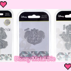 3 opciones de juego de troqueles de metal de Disney: La Bella y la Bestia/Placa de adorno de amor, paz y alegría/Juegos de troqueles de escena de creación de tarjetas de Mickey Mouse vintage