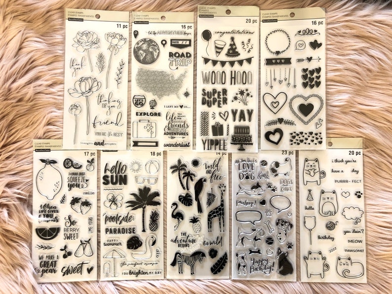 9 Options of Recollections Stamps sets-Flower/Road Trip/Celebrate/Sending Hearts/Lemons/Beach Fun/Wild and Free/Doggies/Cute Cats Your Choice of 2