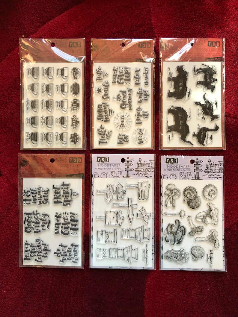 6 Options of Clear Stamps Set by MOODTAPE 11 x 16cm Morning Coffee/Spirit/Quotes/Anima Shadows/Road Signs/Mushroom image 1