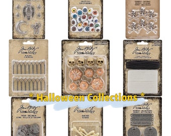 9 Options of Halloween Adornments by Tim Holtz Ideaology - Creepy Eyes/Boneyard/Token/Charms/Crossbones/Skulls Pimpkins/Trimmings