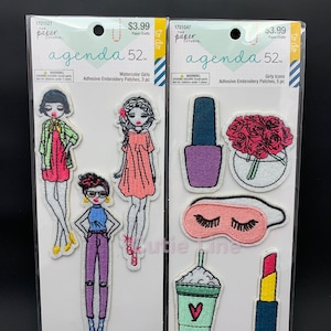 May include: Two packs of adhesive embroidery patches. One pack features watercolour girl designs, and the other features girly icons. Each pack has the text "agenda 52" and "The Paper Studio". The watercolour girls pack includes three patches, and the girly icons pack includes five patches.