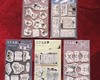 5 Options of 4.5”x6.5” Rubber Stamps sets by Moodtape - Bows/Library Books/Cotton/Book Print