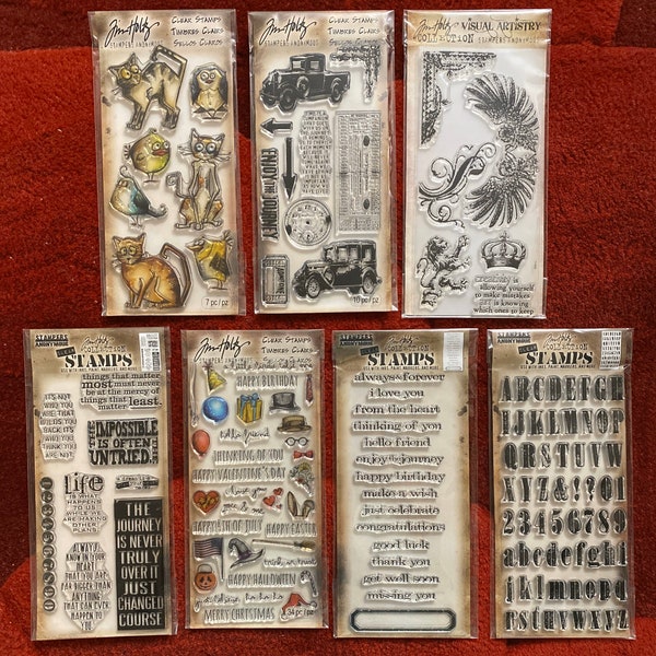 Lot de 7 tampons transparents Tim Holtz - 4 x 9,25 po. - Crazy Cats oiseaux/Regal Flourish/Crazy Little Things/Saying Stuff/MINI Worn Text