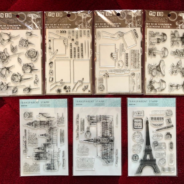 7 Styles of Clear Stamps Set by MOODTAPE Clear Stamps - Architecture/Paris Tower/Elizabeth Tower/Roses/Signs - 11 x 16cm