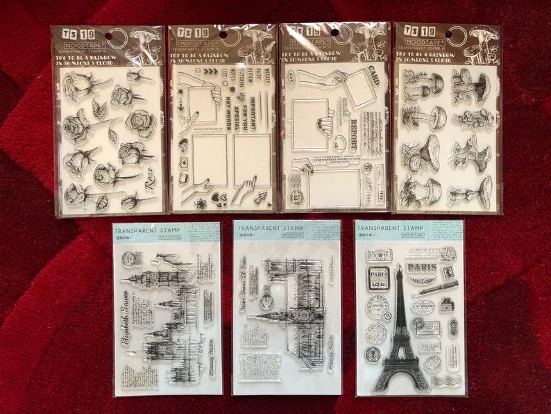 7 Styles of Clear Stamps Set by MOODTAPE Clear Stamps Architecture/Paris Tower/Elizabeth Tower/Roses/Signs 11 x 16cm image 1