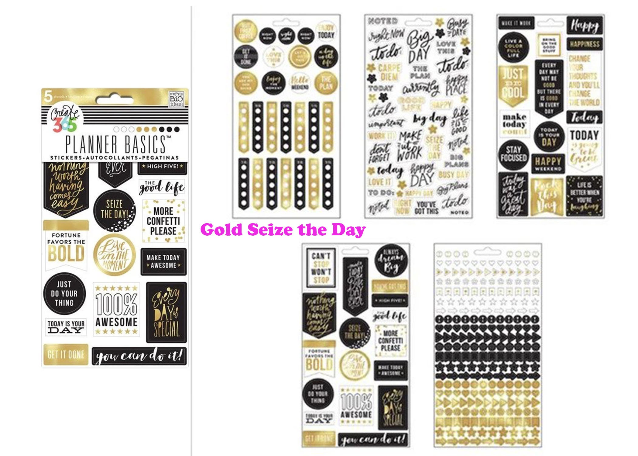 8 Options of Stickers Pack-5 Sheets Each-gold Seize the Day/neon ...