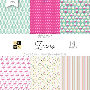 DCWV 6"x6" Washi Icon Prints Paper Pad - 6 Designs - 14 Sheets - Gold Foil Designs/Flamingos/Pineapple/Pink Hearts/Cupcake