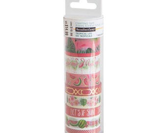 May include: A set of six washi tapes featuring a tropical theme with pink flamingos, watermelon slices, and green leaves. The tapes are packaged in a clear plastic container with a label that reads "Recollections Tropical Life Vie Tropicale".