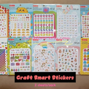 8 Options of Craft Smart Stickers Packs - 2 Sheets/pack-Snacks/Taco/Fruit/Butterfly/Donuts/Foil Hearts/Travel/Unicorn/Coffee/Emoji Stickers