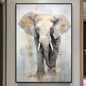 Large Abstract Elephant Painting,Gray Gold Textured Painting,Oversized Animal Wall Art,Living Room Wall Abstract Art ,Extra Large Canvas Art