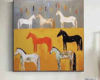 Abstracte originele paardenkunst, decoratief schilderij op canvas, extra grote muurkunst, oversized textuurschilderij, dierenkunst, grote canvaskunst