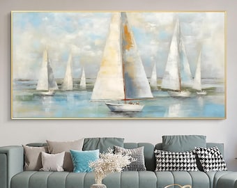 Abstract Minimalit Sailboats Painting,Extra Large Wall Art,Large Textured Paintings, Abstract Acrylic Painting, Decorative Wall Art for Home