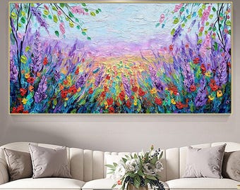 Palette Knife flowers wall art,Floral Land Painting,Large Colorful  Textured Paintings,Modern Decorative Paintings,Boho Decor Abstract
