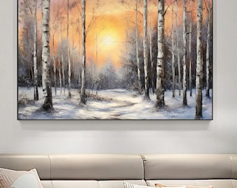 Original Sunset in Forrest wall art,abstract landscape painting,Birch trees textrued oil painting,Original painting,decorative painting