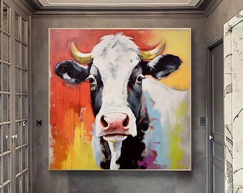 Abstracte originele koekunst, koe schilderij op canvas, extra grote abstracte kunst, oversized getextureerde schilderkunst, dierenkunst, grote canvas muurkunst