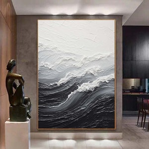 Abstract black and white wall art,minimalist seascape artPalette knife  oil painting,Original Oil painting ,ovesized decorative painting