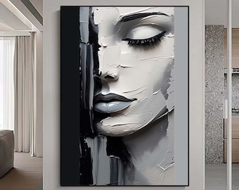 Sleeping Beauty Wall Art,Abstract Face Painting,Black and White Textured Painting, Palette Knife Wall Art,Living Room Wall Decor Art