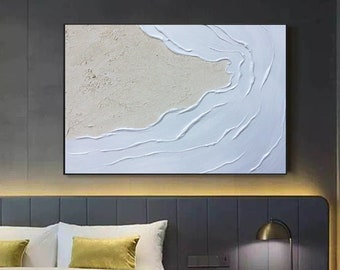 Meerwellen Wandkunst, Sand Strand Malerei, große weiße 3D Strukturgemälde, abstraktes weißes Gemälde, minimalistisches abstraktes Wandbild für Zuhause