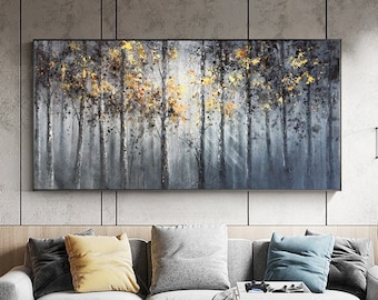 Birch tree painting,large wall artLarge original oil painting on canvas,forest,landscape,golden painting,Bedroom Living room painting,