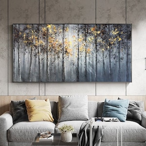 Birch tree painting,large wall artLarge original oil painting on canvas,forest,landscape,golden painting,Bedroom Living room painting,