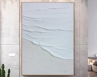 Extra große Wandkunst, Meereswellen Malerei, große weiße 3D strukturierte Gemälde, abstrakte weiße Malerei, minimalistische abstrakte Wandkunst für Zuhause