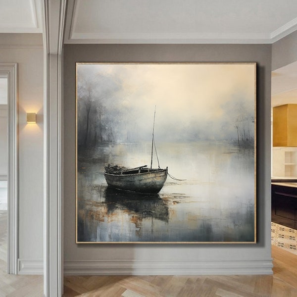 Large boat in lake oil painting, Original foggy morning landscapewall art, extra large painting,Nautical oil painting art on Canvas