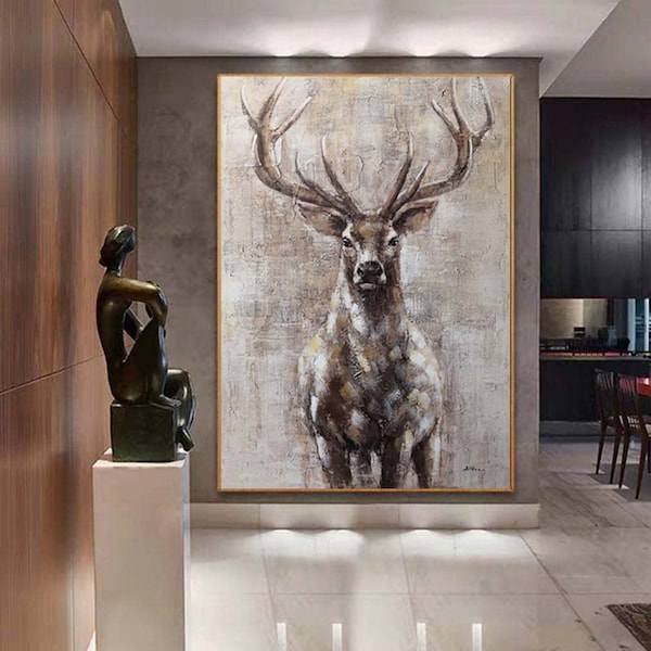 Large Deer Abstract  Painting,Gray Gold Textured Painting, Oversized Animal Wall Art,Living Room Wall Abstract Art Canvas Art