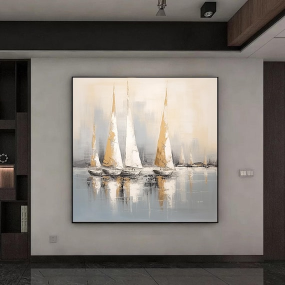 大きなヨットのパーティーの油絵、オリジナルのヨットが港の風景に