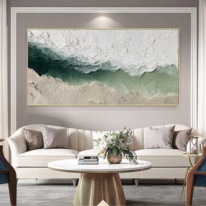 Sage Green Beige Minimalist Beach Painting Large 3D Textured Wall Art Ocean Wave Painting on Canvas Wabi-Sabi Wall Art Living Room Wall Art