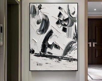 Black And White Textured Painting, Minimalist Abstract Painting, Living Room Wall Decor Black Abstract Art White Canvas Art, Large Wall Art