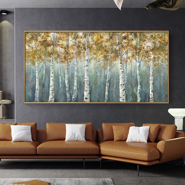 Original oil painting, Large oil painting, Abstract birch tree painting, Oil on canvas, Custom oil painting, Golden mural, Bedroom wall art