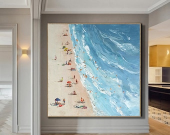 Original Abstract Seascape Canvas Oil Painting,Heavy Textured Summer Seaside Home Decor Hand-Painted Beach&Ocean Impasto Acrylic Wall Art