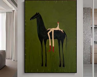 Abstrakt kanvastavla med hästrytter: Olivgrön texturerad oljemålning, väggkonst i japansk stil