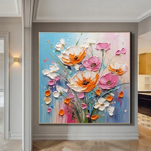 3D Floral Painting,Palette Knife flowers wall art,Large red yellow 3D Textured Paintings,Modern Decorative Paintings,Impressionism Abstract