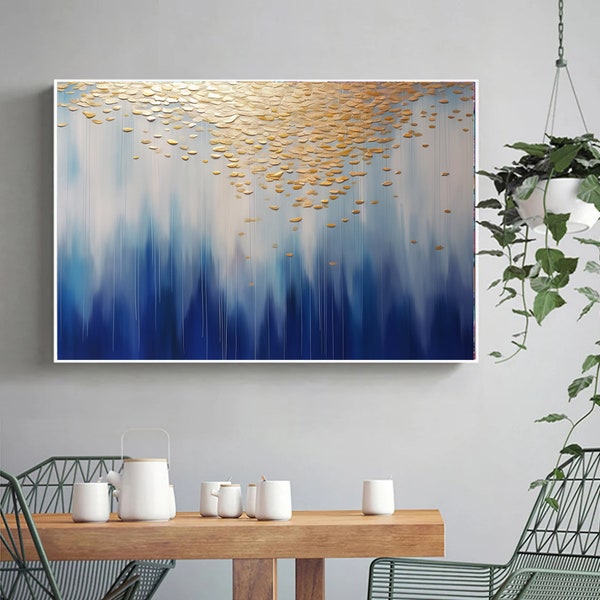 Blue White Gold Abstract Texture Art,Extra Large Canvas Oil Painting,Original Handmade Wall Art, Minimalist Abstract,Living Room Decor Art