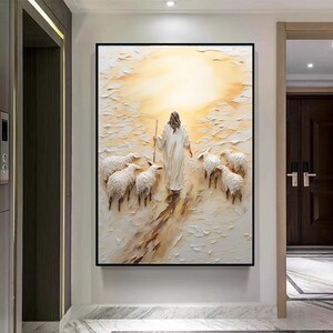 May include: A painting of a person in white robes walking with a staff, leading a flock of white sheep. The painting is done in a textured style, with a light yellow background.
