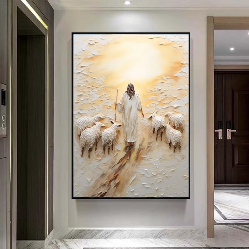 May include: A painting of a person in white robes walking with a staff, leading a flock of white sheep. The painting is done in a textured style, with a light yellow background.