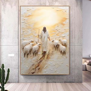 May include: A painting of a person in white robes walking with a staff, leading a flock of white sheep towards a bright light in the distance.