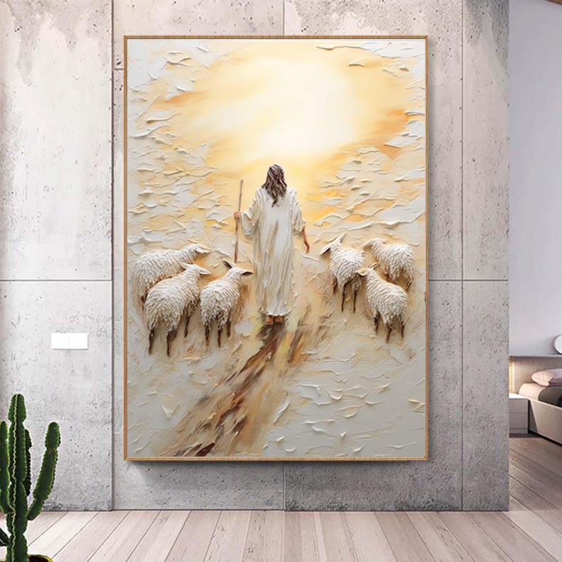 May include: A painting of a person in white robes walking with a staff, leading a flock of white sheep towards a bright light in the distance.