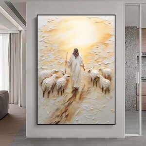 May include: A painting of a person in white robes walking with a staff, leading a flock of white sheep. The background is a light yellow and white, with a bright light shining in the distance.